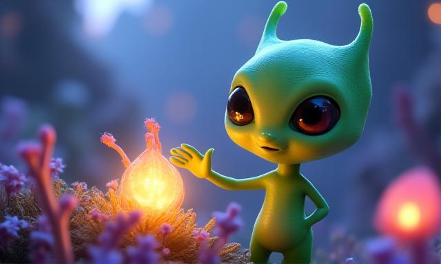 Animación 3D de un personaje alienígena amistoso interactuando con su entorno