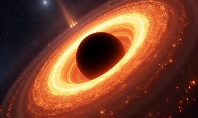 Visualización 3D científica de un agujero negro y sus efectos gravitacionales