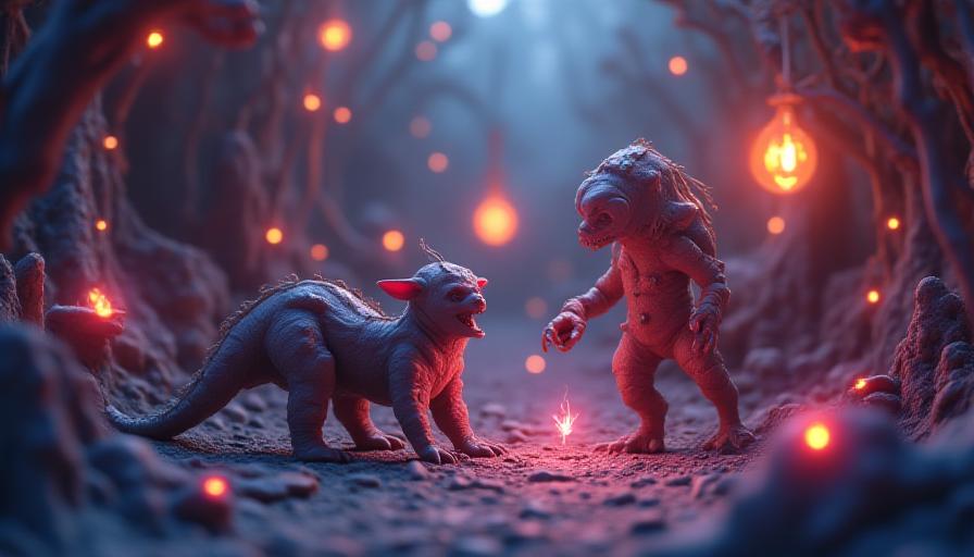 Escena de animación 3D de alta calidad con personajes fantásticos y entornos detallados.