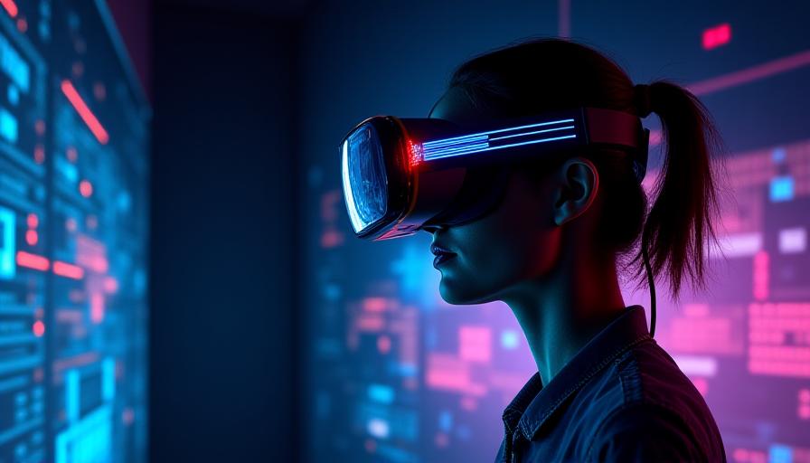 Persona usando un visor de realidad virtual explorando un entorno digital futurista y colorido.