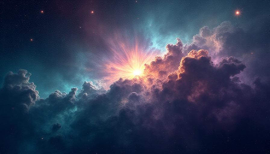 Impresionante visualización 3D de una nebulosa colorida con formas intrincadas y estrellas brillantes.
